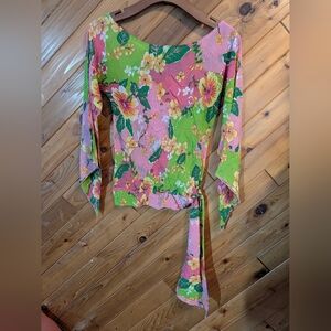 Cache Y2K Vibrant Floral Blouse in Pink and Green